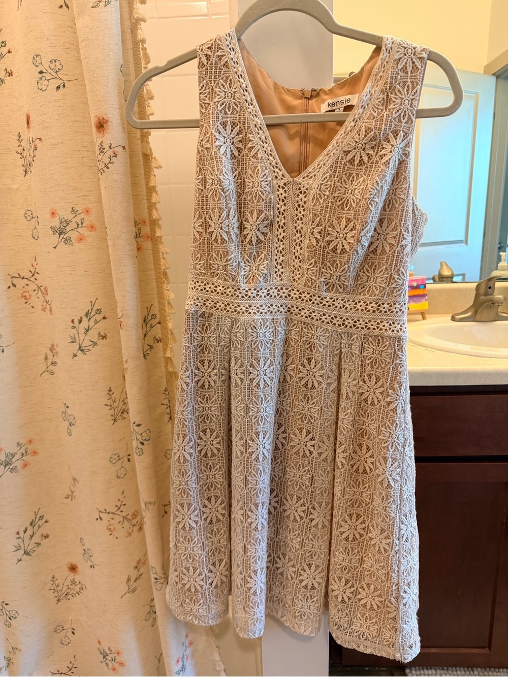 kensie Beige Crochet V-Neck Sleeveless Dress